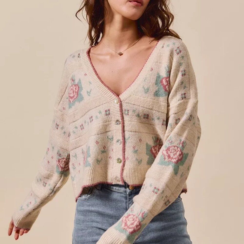 SO ME Floral Pattern‎ Long Sleeve Button Sweater Cardigan